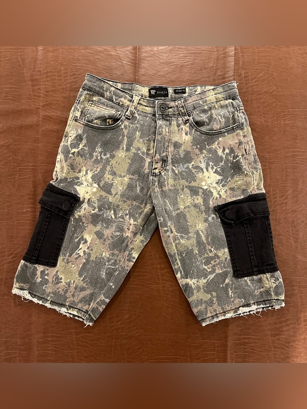 Waimea Camo Denim Cargo Distressed Shorts - Size 30w